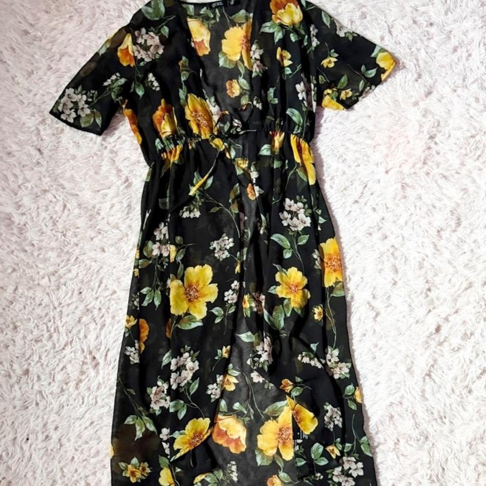 Sheer Flowy Bright Floral High Low Tie Front Kimono Womens M Goddess Ethereal
